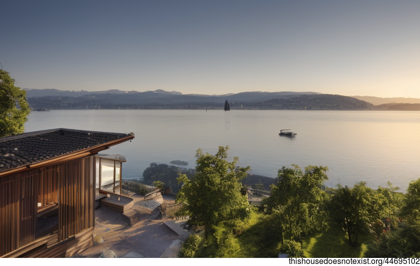 traditional house exterior meets modern, polished glass and bamboo at sunrise on the beach in Zurich, Switzerland