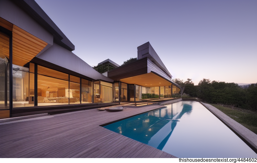 A beautiful, modern home designed with an exposed wood, glass, and stone exterior, with a pool and stunning sunset views
