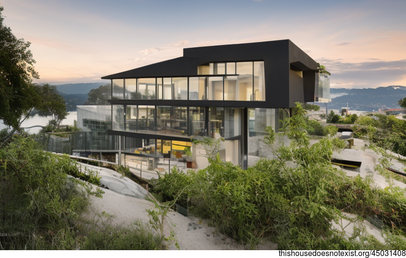 A sunset view of a modern beach house in Zurich, Switzerland
