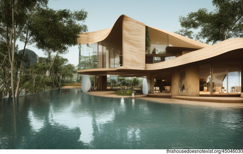 A Modern Beach House With Exposed Curved Glass and Bamboo

This modern beach house in Jakarta, Indonesia features exposed curved glass and bamboo, with a plant vase and infinity pool outside
