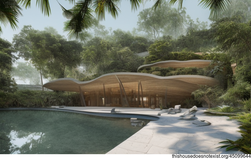 A modern architecture home in Guangzhou, China with exposed curved stone, glass, and bamboo, and hanging plants by the infinity pool with a view of Guangzhou in the background