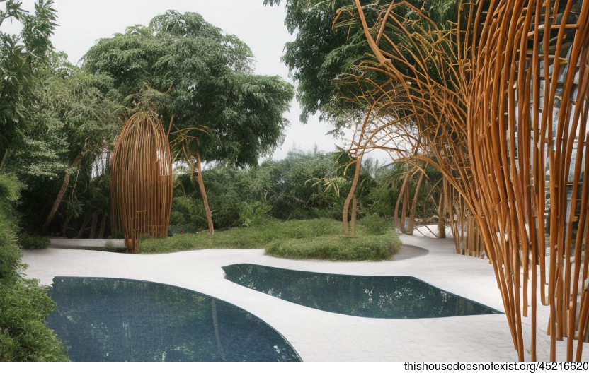 Tribal Modern Garden Exterior With Hanging Plants and Infinity Pool With View of Vienna, Austria in the Background