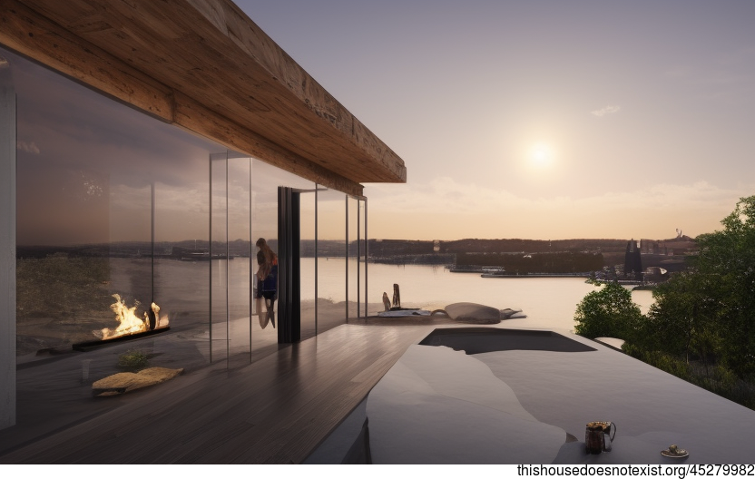 A Modern, Eco-Friendly Home With Exposed Round Wood, Black Stone, and Glass Exterior, Infinity Pool, and Unobstructed Views of the Stockholm, Sweden skyline