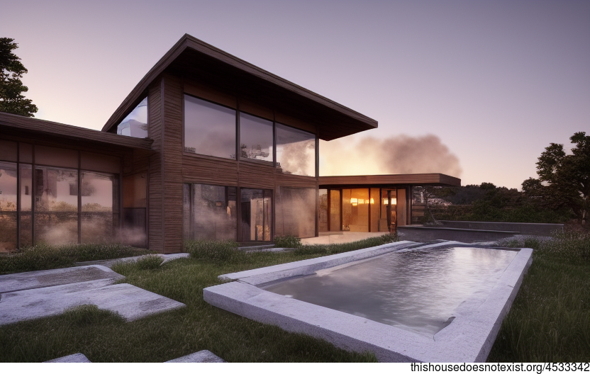 A modern architecture home that is designed to take in the beauty of the sunset with exposed timber, glass, and rocks
