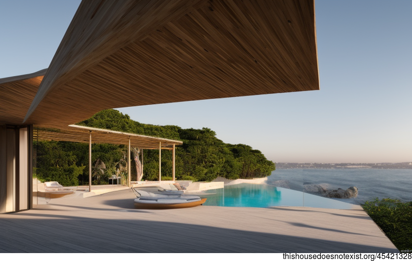 A Modern Lisbon Architecture Home with an Exposed Triangular Bamboo, Stone, Bejuca Wood Exterior and an Infinity Pool with a View of Lisbon, Portugal in the Background