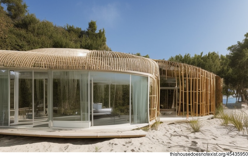 Eco-friendly house with bamboo, glass, and bejuca exterior 11am at the beach in Istanbul, Turkey