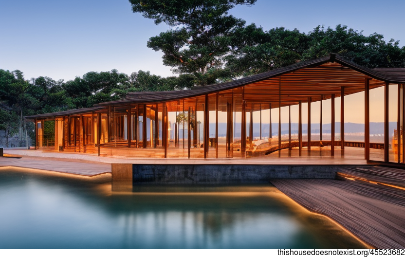 Tribal House Exterior With Exposed Polished Glass, Bejuca Wood, and Infinity Pool Outside