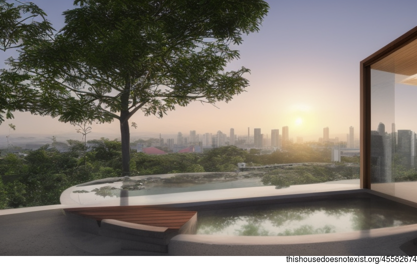 Eco-friendly modern house exterior with steaming hot spring and view of Manila sunset