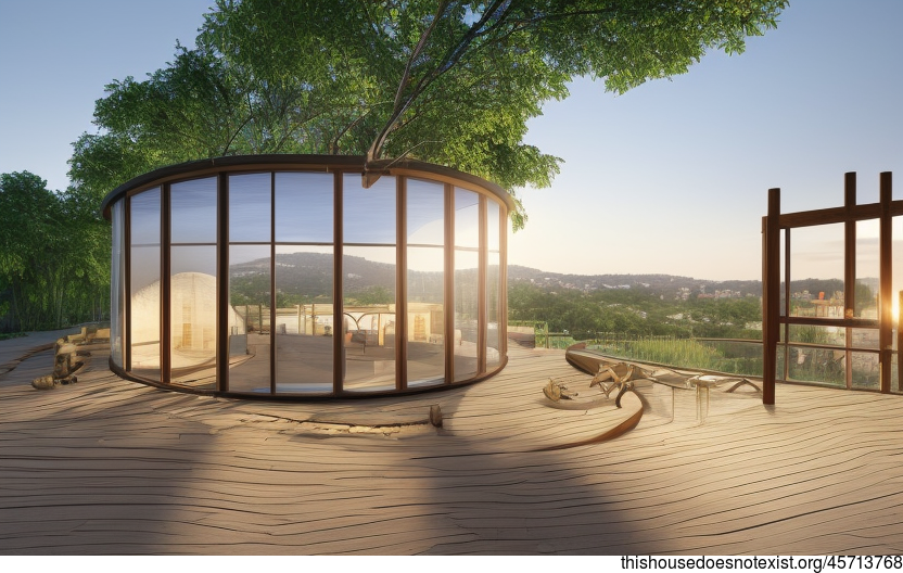 A Modern, Eco-Friendly Home With Exposed Circular Bamboo and Glass Timber, With a View of Prague in the Background