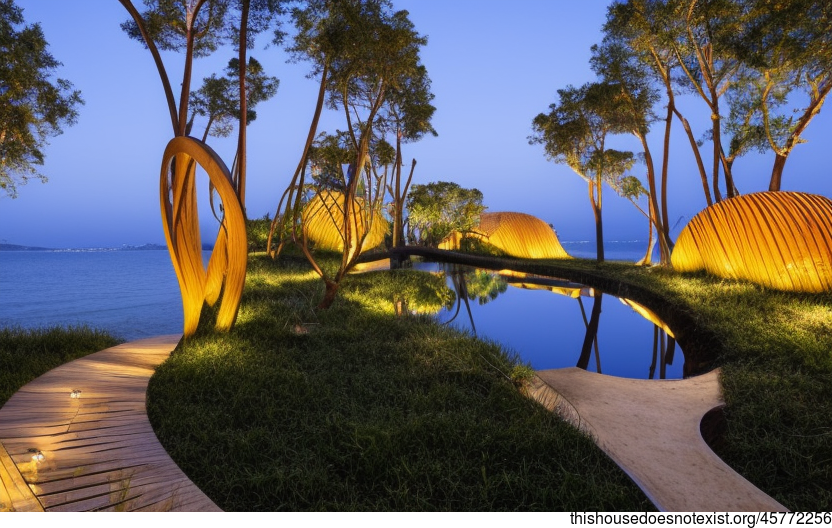 A Modern Garden in Lisbon, Portugal with an Exposed Curved Bamboo, Timber and Bejuca Vines Exterior and an Infinity Pool with a View of Lisbon in the Background