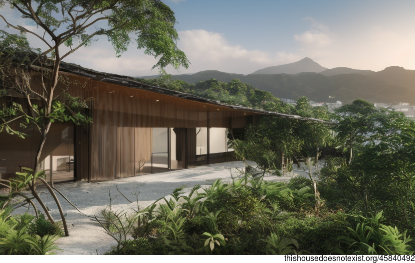 Eco-friendly house exterior with view of the beach and Taipei in the background