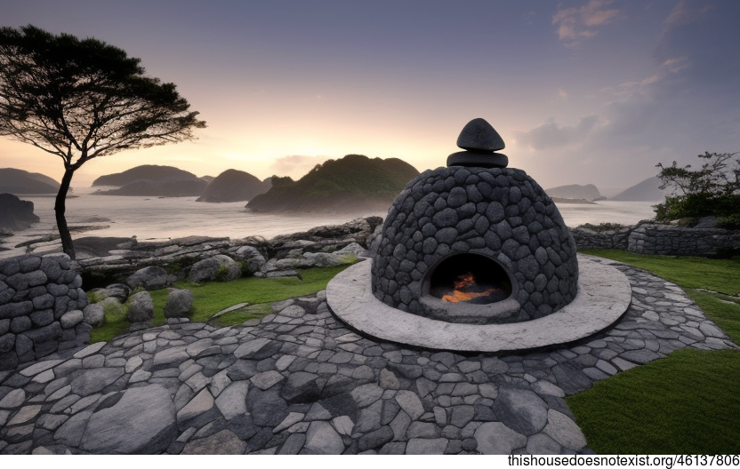 A Modern Home with Exposed Circular Rocks, Stone, and a Fireplace