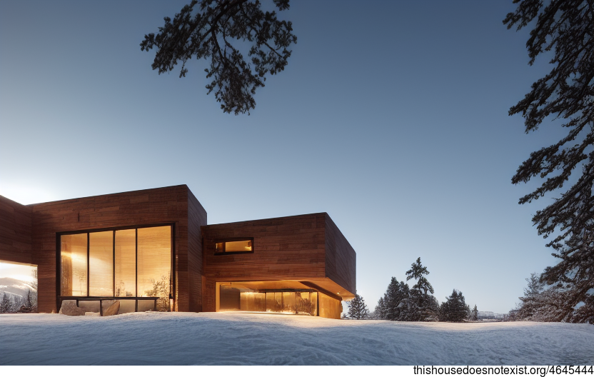 A modern architecture home with an infinity pool, designed with wood, glass, and stone, exposed to the sunset with a snowy exterior
