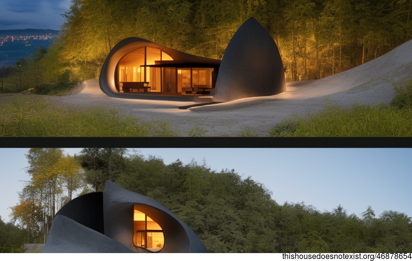 Tribal Minimalist House With Exposed Curved Black Stone, Bamboo, and Onsen Outside With View of Zurich, Switzerland in the Background
