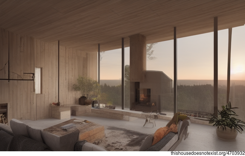 A home designed with a sunset in mind, featuring wood and concrete elements with a fireplace for a cosy vibe