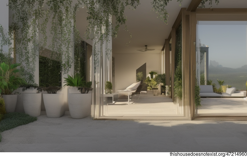 This Exposed Rectangular Stone House in Riyadh, Saudi Arabia is eco-friendly and features beautiful hanging plants and a stunning view of the beach at sunrise