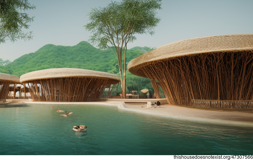 Tribal House Exterior with Exposed Circular Bamboo and Infinity Pool