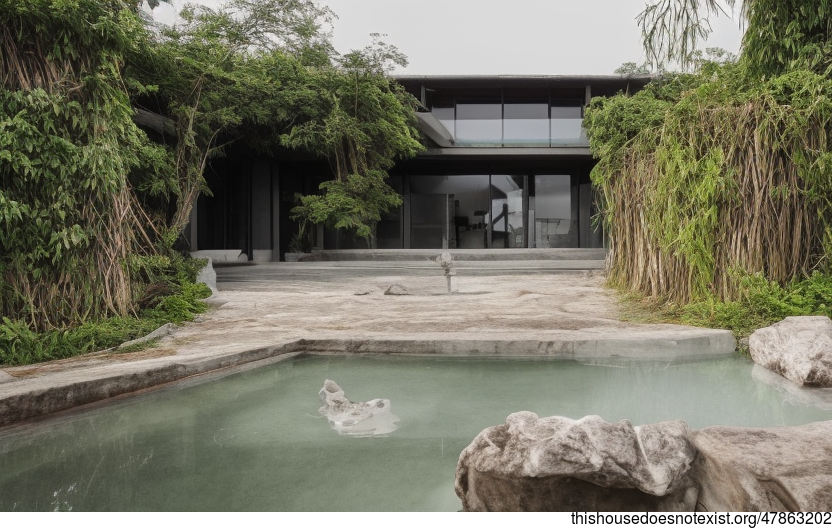 Shanghai, China 

This modern beach house in Shanghai, China features an exterior of exposed rectangular bejuca meandering vines, rocks, bamboo, and steaming hot spring outside