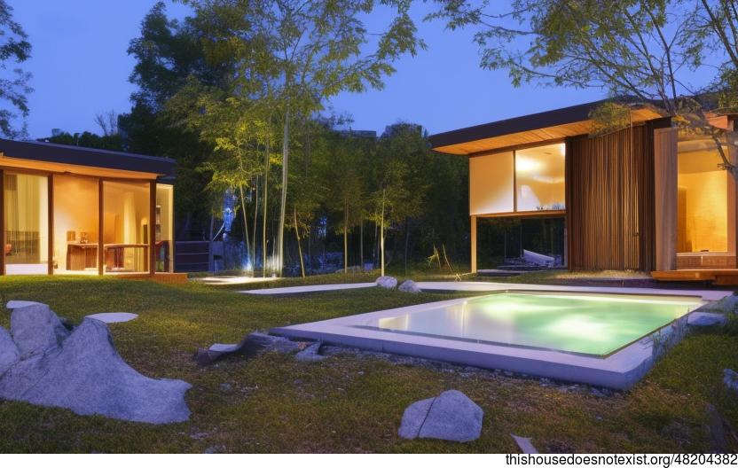 A Modern, Eco-Friendly Home with an Exposed Triangular Bamboo Facade and Meandering Vines