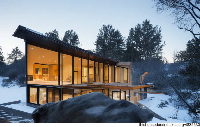 A modern architecture home with an exterior of exposed timber, glass, and rocks, designed to take in the best of a sunset view