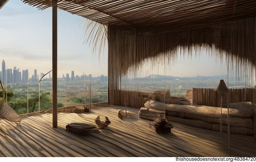 A Modern Tribal Beach House in Kuala Lumpur, Malaysia with an Exposed Circular Stone, Wood, and Bamboo Exterior and an Industrial Wall with Shelves and a View of Kuala Lumpur in the Background