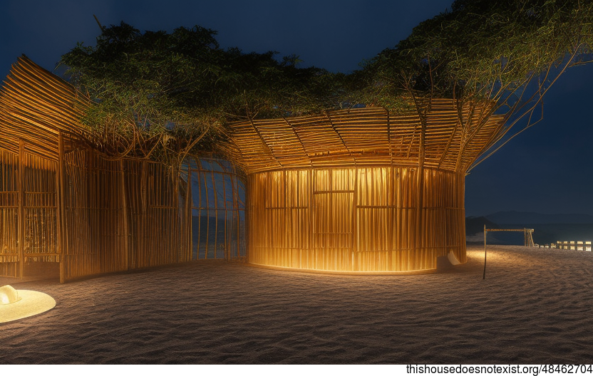 A Modern Architecture Home with an Exposed Circular Bamboo and Stone Fireplace with a View of Taipei, Taiwan in the Background