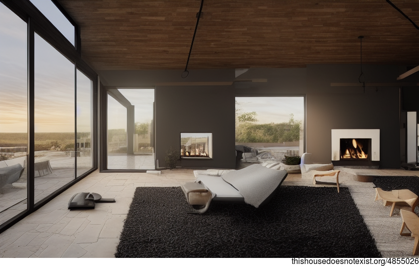 A modern architecture home with a stunning sunset view, designed for a cosy vibe with a fireplace and rug