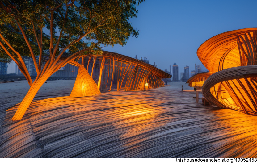Bamboo, Timber, and Glass Curved House With Steaming Hot Spring and Sunset View of Shanghai, China