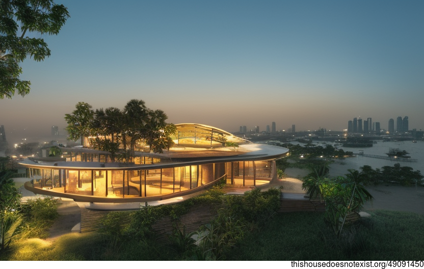 Eco-friendly bamboo and glass house with stunning view of the Bangkok skyline at sunset