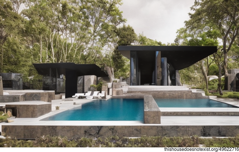 A Modern, Anthropomorphous, Tribal, Maximalist Garden Exterior With an Exposed Polished Black Stone, Glass, and Timber Infinity Pool, Fireplace, and View of the Mexico City skyline