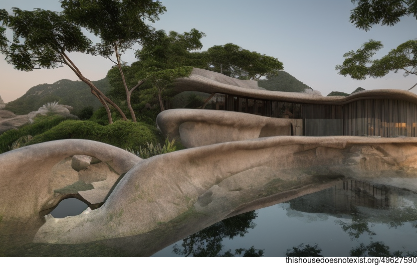 A Modern Beach House with an Exposed Curved Stone Facade and Bamboo Rocks