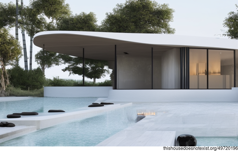 A Modern Architecture Home with an Exposed Round Bamboo Fireplace and an Infinity Pool with a View of Paris, France in the Background