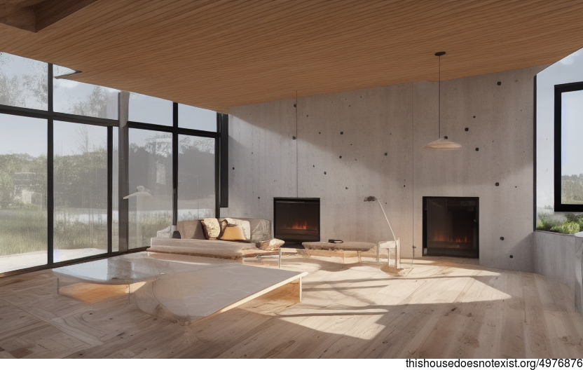 A Sunset Home with an Exposed Wood and Glass Interior and a Fireplace for a Cosy Vibe