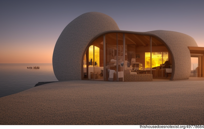 A Modern, Eco-Friendly Home with an Exposed Circular Stone Fireplace and a View of London in the Background