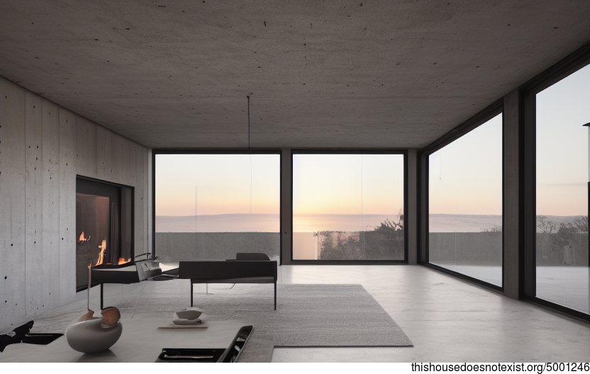 A modern architecture home with stunning sunset views, a cozy fireplace, and a warm wood interior