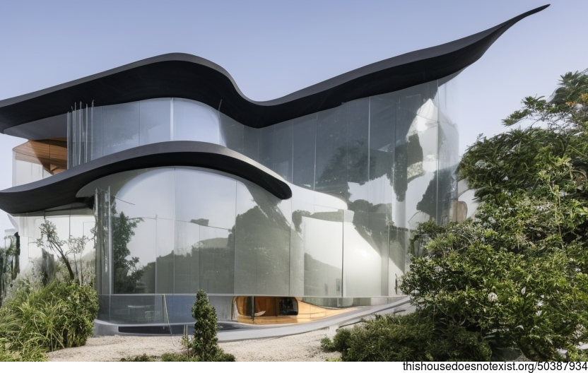 A Maximalist Modern Beach House With Exposed Curved Glass, Black Stone, and Timber