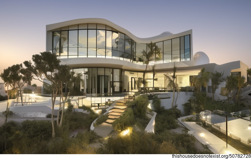 A Modern Beach House in Riyadh with Exposed Curved Glass and Bamboo Vines
