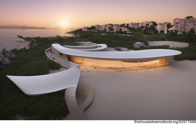 A Modern Minimalist House on the Beach in Istanbul, Turkey with Exposed Curved Bamboo, Black Stone, and a View of the City