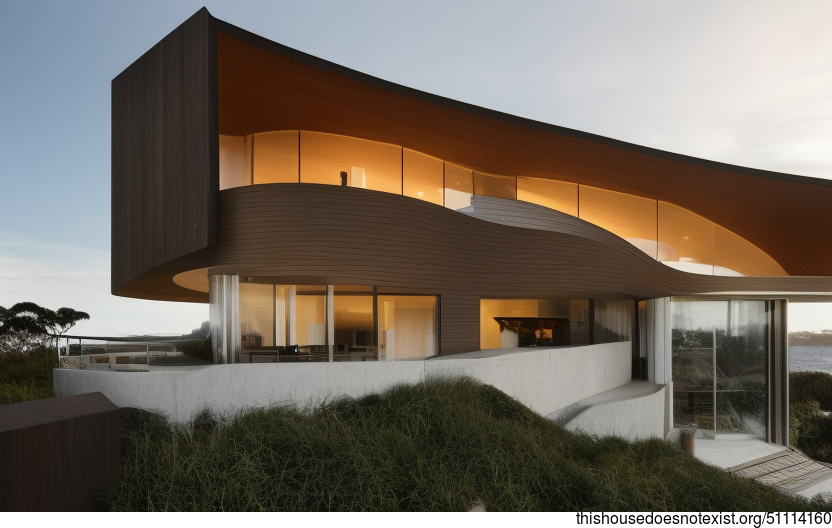 A Modern Beach House in Sydney with Exposed Curved Wood and White Marble