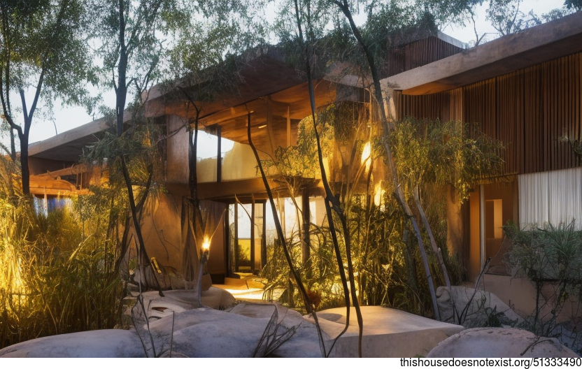 Tribal Modern House With Exposed Bejuca and Meandering Vines, Bamboo, and Rocks With a Plant Vase and Steaming Hot Spring Outside and a View of Buenos Aires, Argentina in the Background