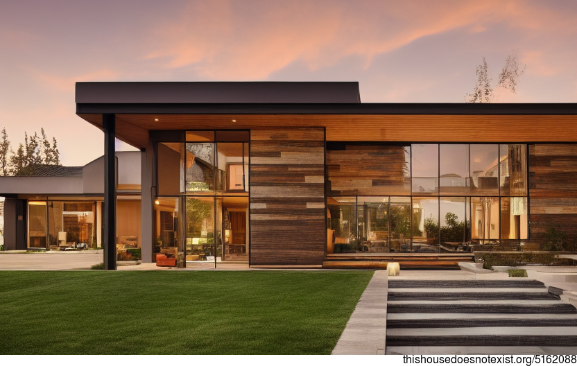 A modern architecture home with sunset views, an exposed wood exterior, and a steaming hot outside jacuzzi