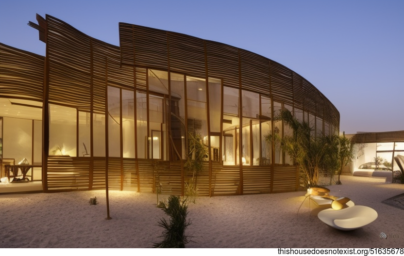 A modern interpretation of a traditional beach house exterior, complete with glass walls and curved lines