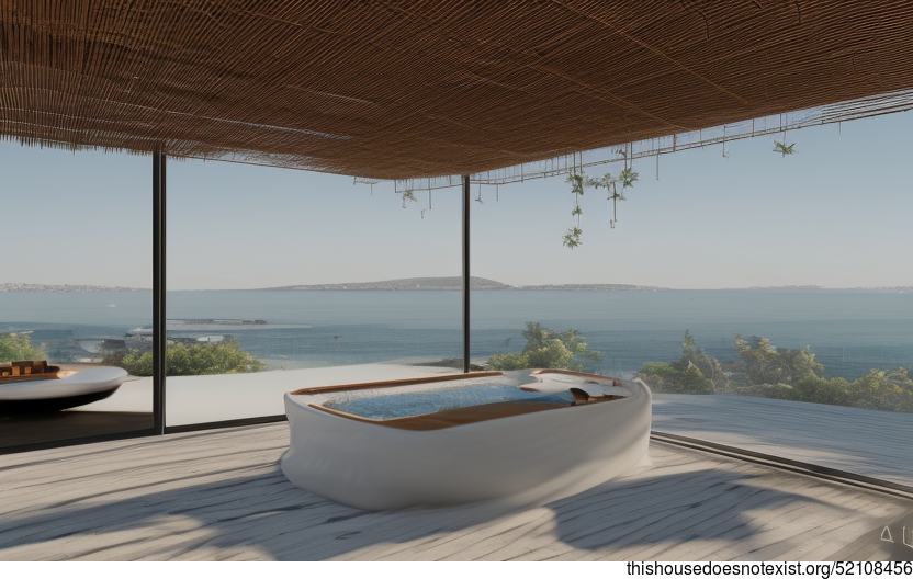 Tribal minimalist house exterior with steaming hot jacuzzi and view of Istanbul, Turkey in the background