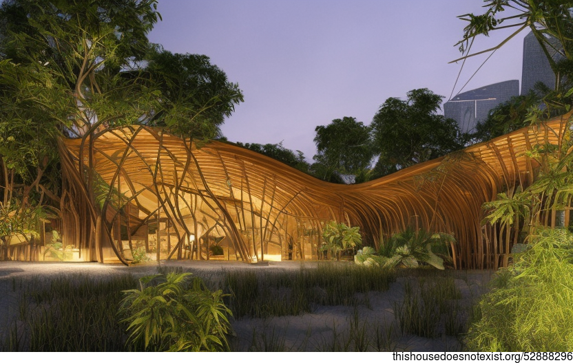 Eco-friendly house in Kuala Lumpur with exposed curved wood, bamboo, and meandering vines
