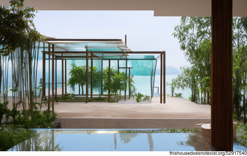 Eco-friendly house with exposed glass and bamboo exterior on the beach in Jakarta, Indonesia