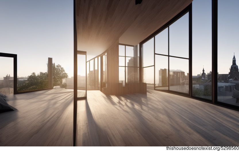 A Modern Architecture Home with an Exposed Timber Frame, Glass, and Stone Exterior, Designed to Withstand the Sunrise Within the Downtown City