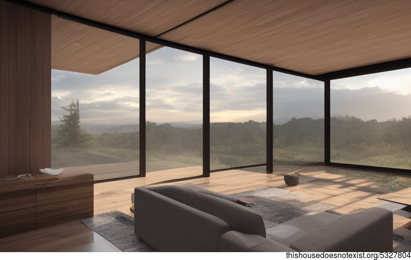 Sunset From the Interior of a Modern House Designed With Exposed Wood, Glass, and Stone