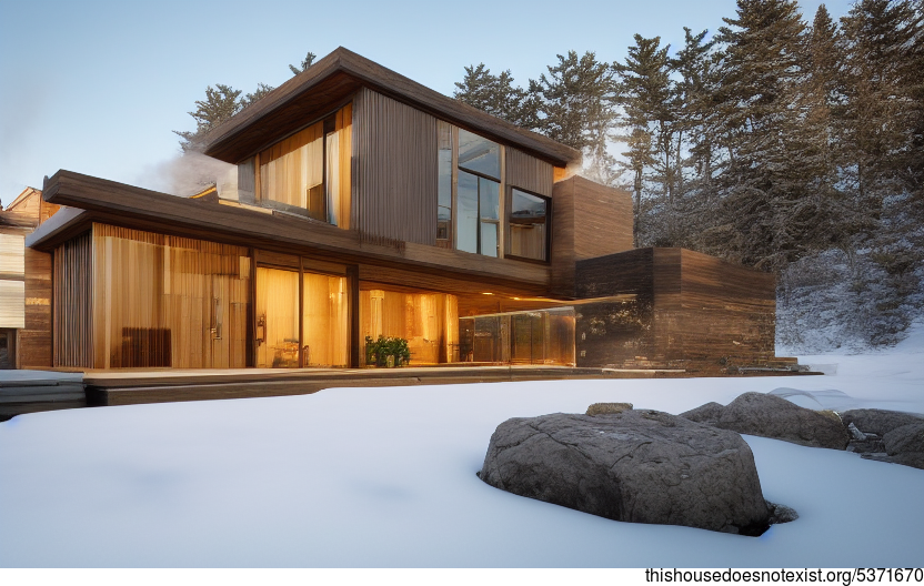 A modern architecture home with an exterior that is designed to take in the sunset and Exposed timber, glass, and rocks with a steaming hot outside Jacuzzi and helicopter pad