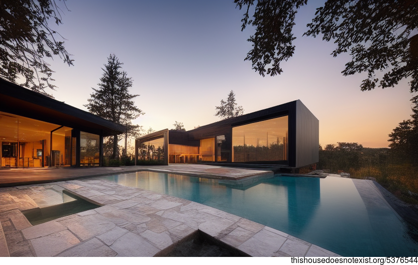 A modern architecture home with stunning sunset views, exposed wood, glass, and stone exterior, and a steaming hot outside jacuzzi
