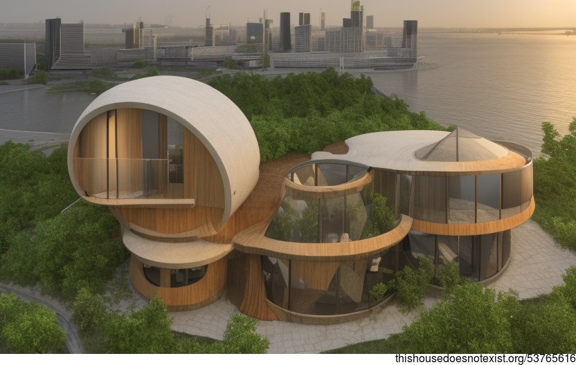 A Modern, Anthropomorphous, Tribal House With Exposed Circular Timber, Bamboo, and Glass With Hanging Plants and a View of Moscow, Russia in the Background